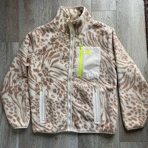 Billabong Fleece Zip Up Jacket. Size medium. Tan and cream. Neon accents.